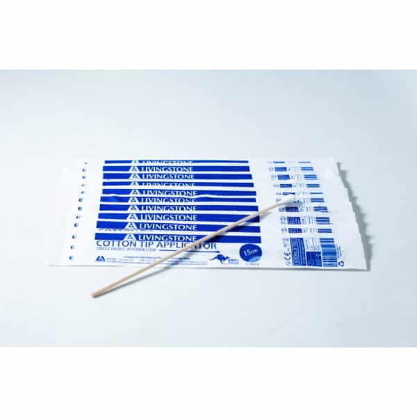 Eight packs of Sterile Cotton Tip Applicator/Swab in blue and white, each containing one sterile cotton tip swab, with a single wooden applicator on top.