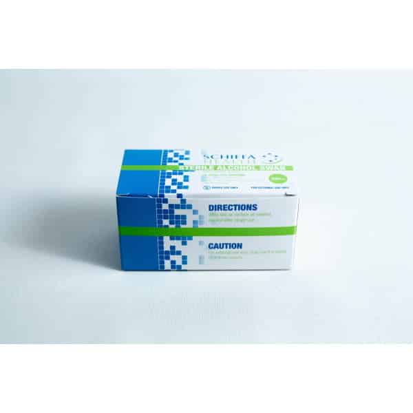 Sterile Alcohol Wipes / Swabs / Pads (Box of 100) with directions and caution label on a white background. Ideal for convenient, hygienic cleaning whenever required.