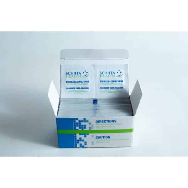 Box of Sterile Alcohol Wipes / Swabs / Pads (100 count), with two sterile alcohol pads visible at the front of the open box.