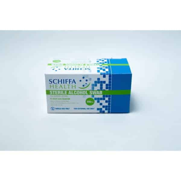 A box of 100 Sterile Alcohol Wipes/Swabs/Pads in blue, green, and white packaging, featuring premium isopropyl alcohol swabs for effective cleaning.