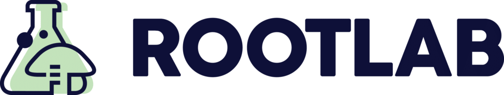 Logo with a green lab flask and mushroom icon beside the word ROOTLAB in bold black letters.