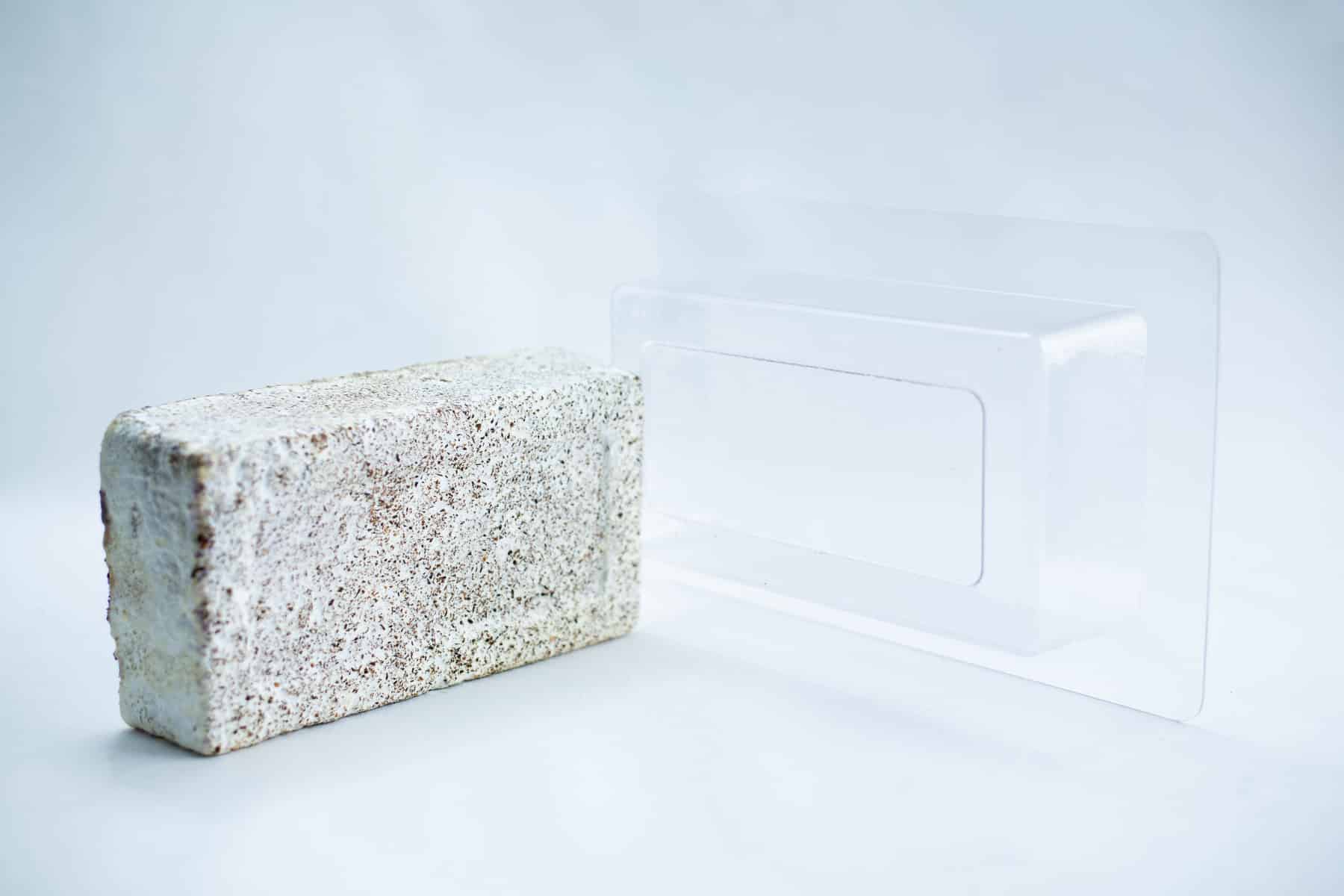 Mycelium Mold Growth form -Brick (Reusable) 14 A white brick beside a clear rectangular acrylic sheet showcases the contrast between traditional materials and the innovative Mycelium Mould Growth form - Paver (Reusable) on a light background.