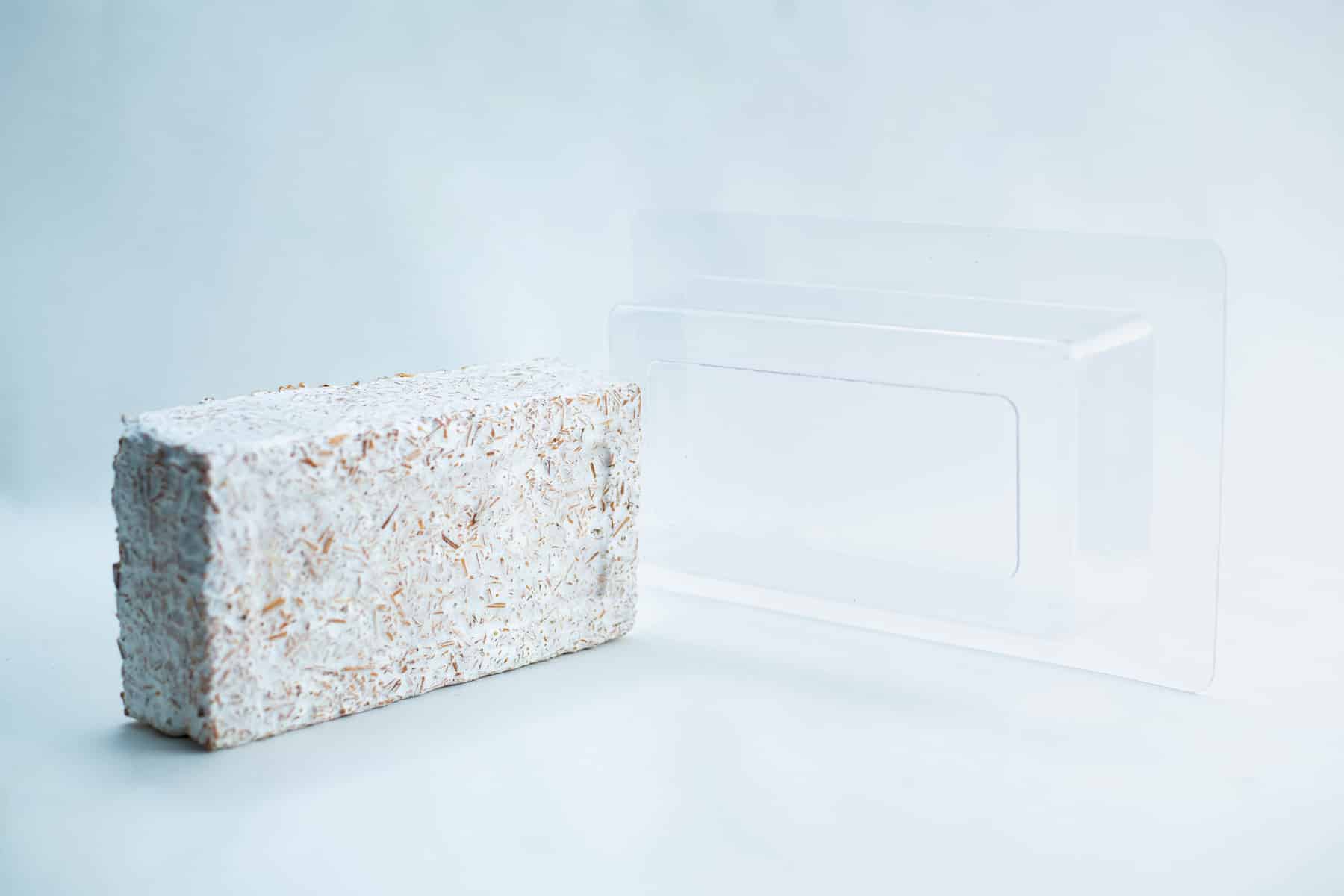Mycelium Mold Growth form -Brick (Reusable) 9 The Mycelium Mould Growth form - Paver (Reusable), a white rectangular brick, sits next to a clear plastic mould on a light background.