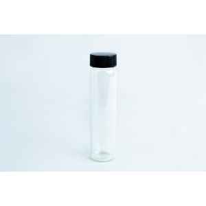 Slants—replacement for agar petri-dish: clear glass vial with black screw cap, shown upright on a white background. Ideal for preparing and storing mushroom slants.