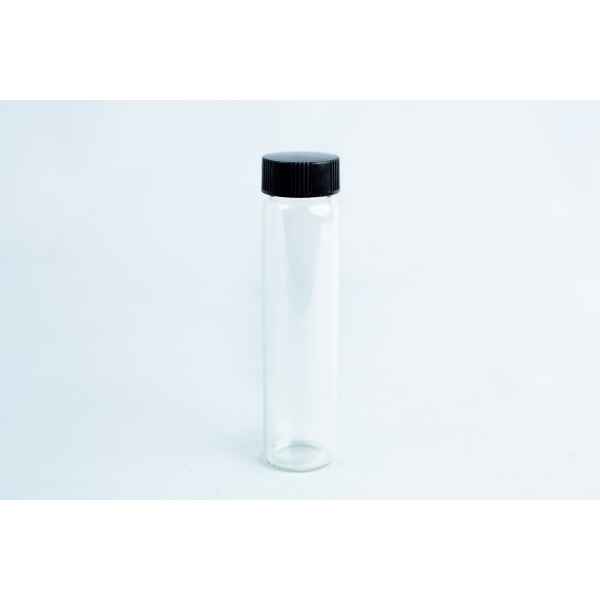 Slants—replacement for agar petri-dish: clear glass vial with black screw cap, shown upright on a white background. Ideal for preparing and storing mushroom slants.