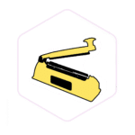 A yellow and black impulse heat sealer with its clamp raised, shown on a hexagonal white background—perfect for sealing bags as part of your mushroom farming supplies.