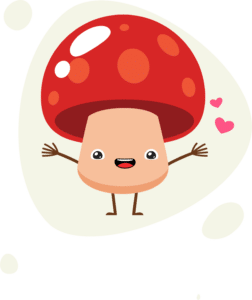 Perth 1 Cute cartoon mushroom with a red cap, smiling with arms wide open and pink hearts nearby—perfect for fans of Mushroom Supplies Australia or anyone who loves collecting adorable mushroom growing supplies!.