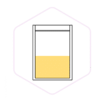 Illustration of a clear, sealed plastic bag half-filled with a yellow liquid inside a hexagonal border, perfect for showcasing essential mushroom growing supplies.