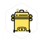 Yellow pressure cooker with a gauge and valve, viewed from the front, on a white hexagonal background—an essential tool among mushroom farming supplies.