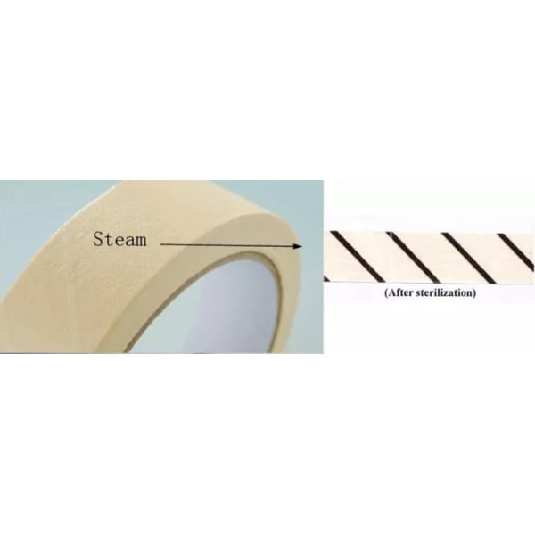 Autoclave sterilisation indicator tape 25mm x 50m, labelled "Steam," shows dark stripes after autoclave exposure.