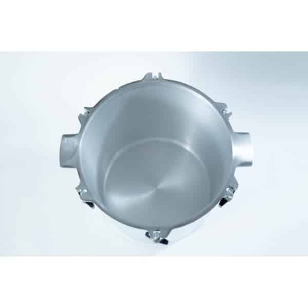Top view of an empty, silver aluminium pressure cooker pot on a white background.