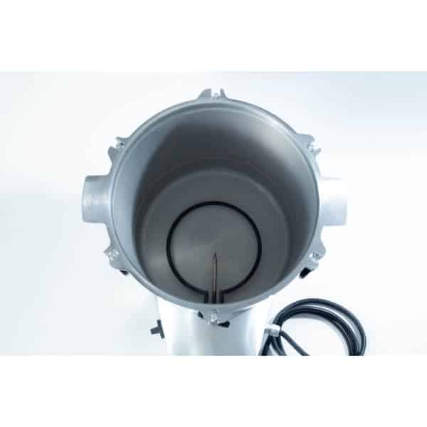 Top-down view of an empty stainless steel brewing kettle with a heating element and attached power lead.