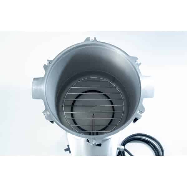 Top-down view of an empty metal canister with a wire rack and a black power lead on a white background.