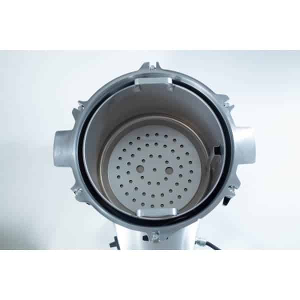 Top view of an empty stainless steel steamer pot with a perforated insert.