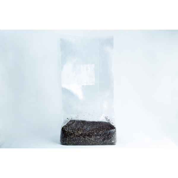 The CVG Substrate | CVG Monotub Mushroom Bulk Substrate 2KG Coco Verm Gypsum is shown as a clear plastic bag of dark substrate, perfect for mushroom cultivation, set against a plain white background.