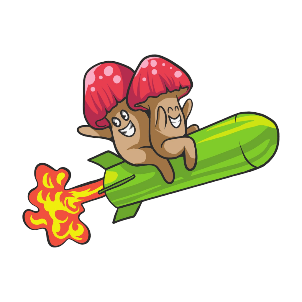 About Us 3 Two cartoon mushrooms with red caps ride a green rocket with flames, both smiling and waving. Discover more about us—Rootlab Australia, where creativity takes flight!.