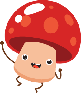 Smiling cartoon mushroom with a red cap, orange spots, and waving arms.
