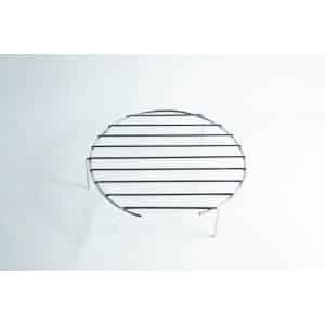 A round metal cooling rack with three legs on a plain white background.
