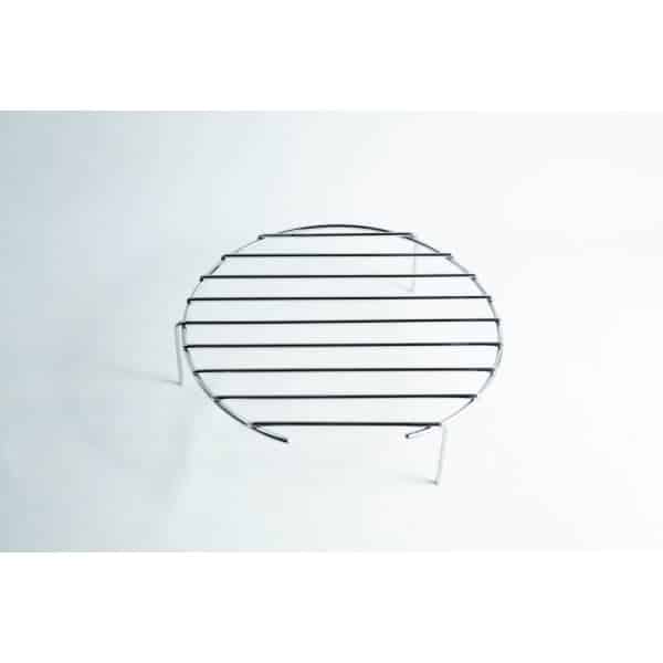 A round metal cooling rack with three legs on a plain white background.