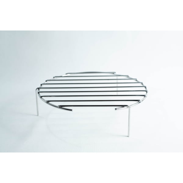 A small round metal grill rack on three legs, set against a plain white background.