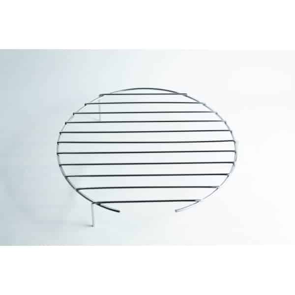 Round metal cooling rack with parallel bars and three short legs on a white background.