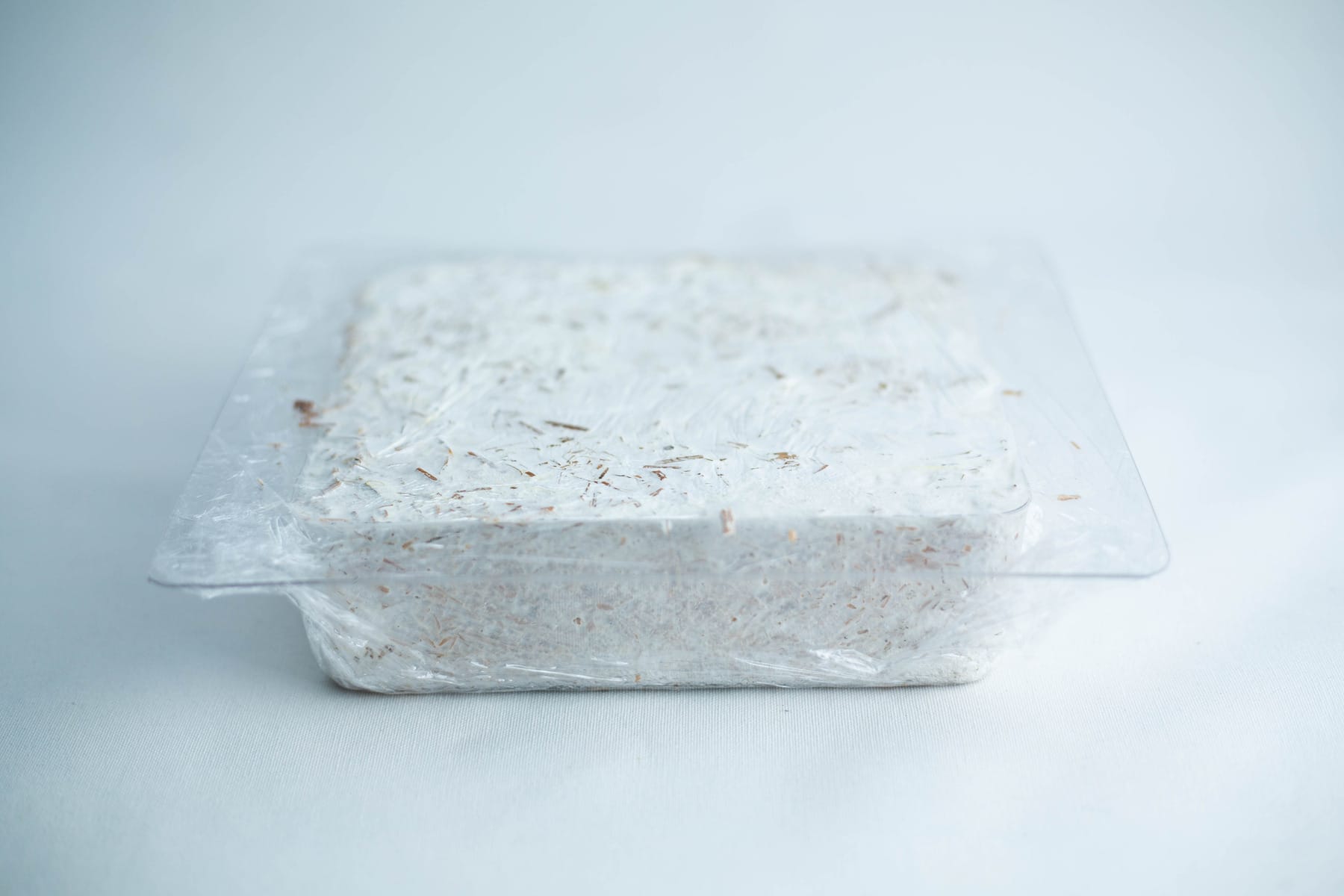 Mycelium Growth Medium | Hemp Substrate or Sawdust Substrate 8 A block of white, shredded material in a clear plastic container on a light background.