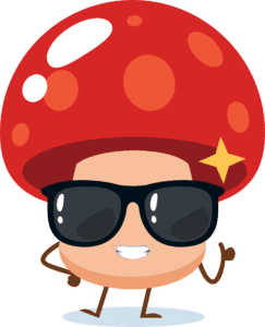 About Us 2 Smiling cartoon mushroom with a red cap, sunglasses, and a shiny star on its head, posing confidently—meet the fun mascot behind About Rootlab Australia!.