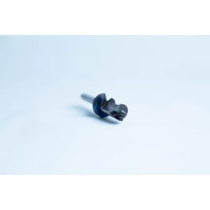 A close-up of a small black metal drill bit with a blue ring on a plain white background.