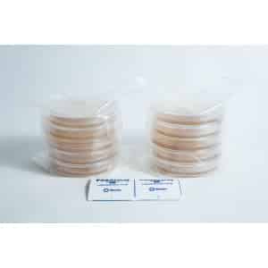 Two stacks of 5 × Agar Plates (MEA) and 5 × Agar Plates (MEAG) pre-poured 90mm sit beside two packs of laboratory Parafilm on a white background.