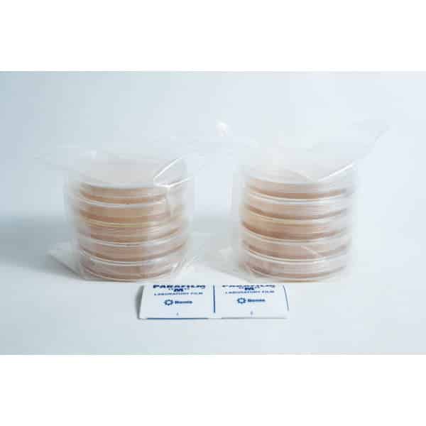 Two stacks of 5 × Agar Plates (MEA) and 5 × Agar Plates (MEAG) pre-poured 90mm sit beside two packs of laboratory Parafilm on a white background.
