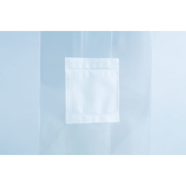 A white square patch on a clear plastic bag with a light blue background, perfect for storing millet pre-sterilised mushroom grains with injection port and digital instructions.