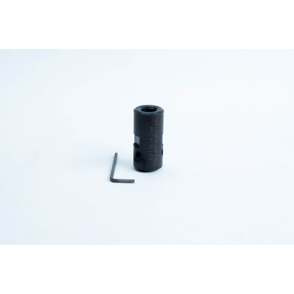 A black cylindrical metal tool and an L-shaped hex key on a white background.
