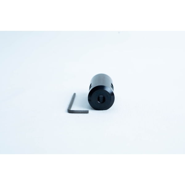 A black cylindrical metal part and an L-shaped hex key on a white background.