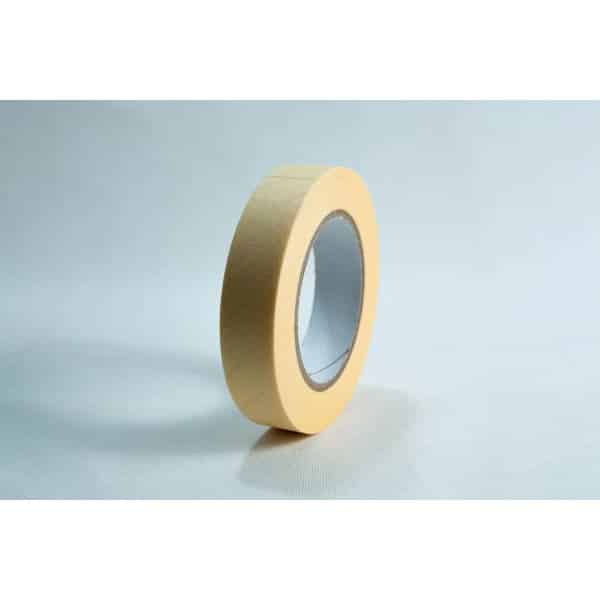 A single roll of beige masking tape standing upright on a plain white background.