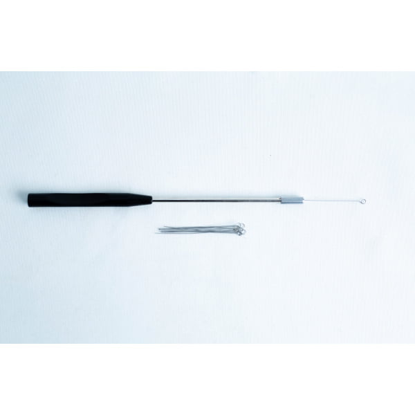 A black-handled inoculation loop and several metal loops on a white background.