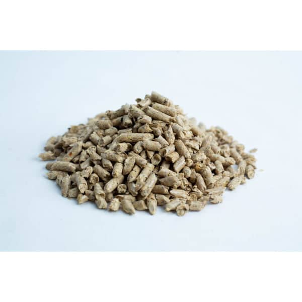 A pile of Maxisoy Soya Hull Pellets animal feed (20kg), light brown in colour, rests on a white background.