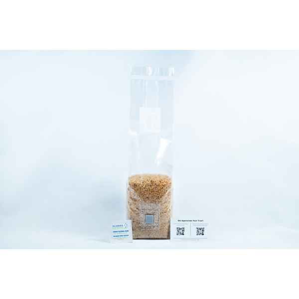 A clear plastic bag of millet pre-sterilised mushroom grains with injection port and digital instructions is shown with two business cards on a white background.