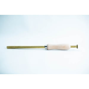A brass and wood tool with a cylindrical handle and narrow metal shaft on a white background.