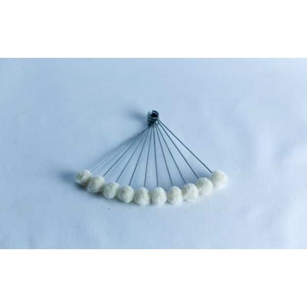 Ten metal rods with white cotton tips, arranged in a fan shape on a white background.