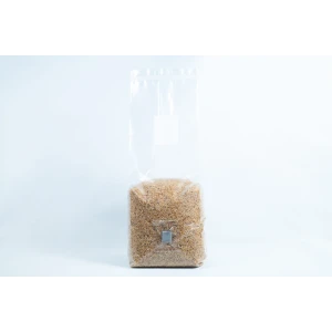 A clear plastic bag of Millet Pre-Sterilised Mushroom Grains with injection port and digital instructions, sealed at the top, shown on a white background.