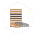 A stack of petri dishes with one open dish and lid in the front, inside a hexagonal outline—ideal for those seeking quality mushroom farming supplies.