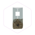 A clear bag filled with brown coffee beans, sealed at the top, on a light background—perfect for mushroom growers seeking quality supplies from Mushroom Supplies Australia.