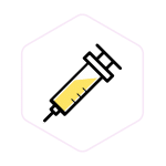 Illustration of a syringe filled with yellow liquid, shown inside a light hexagonal border.