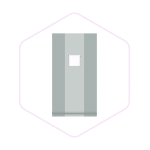 Minimalist illustration of a tall, grey rectangular object with a small white square in the centre.