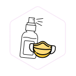 Illustration of a spray bottle and a yellow face mask on a white background.