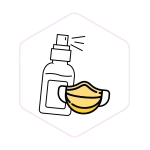 Illustration of a spray bottle and a yellow face mask on a white background.
