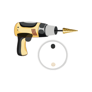 Illustration of a cordless drill with a step bit next to a round object with two holes.