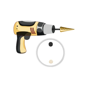 Illustration of a cordless drill with a step bit next to a round object with two holes.