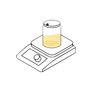 A jar with yellow liquid sits on a digital laboratory balance.