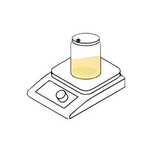 A jar with yellow liquid sits on a digital laboratory balance.
